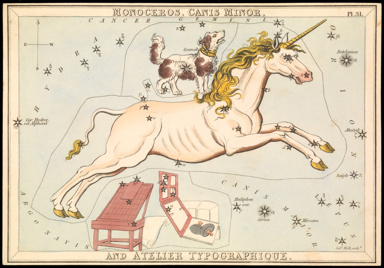 Monoceros, Canis Minor y Atelier Typographique, c.1825 (cartulina, papel, tejido ) de Sydney Hall