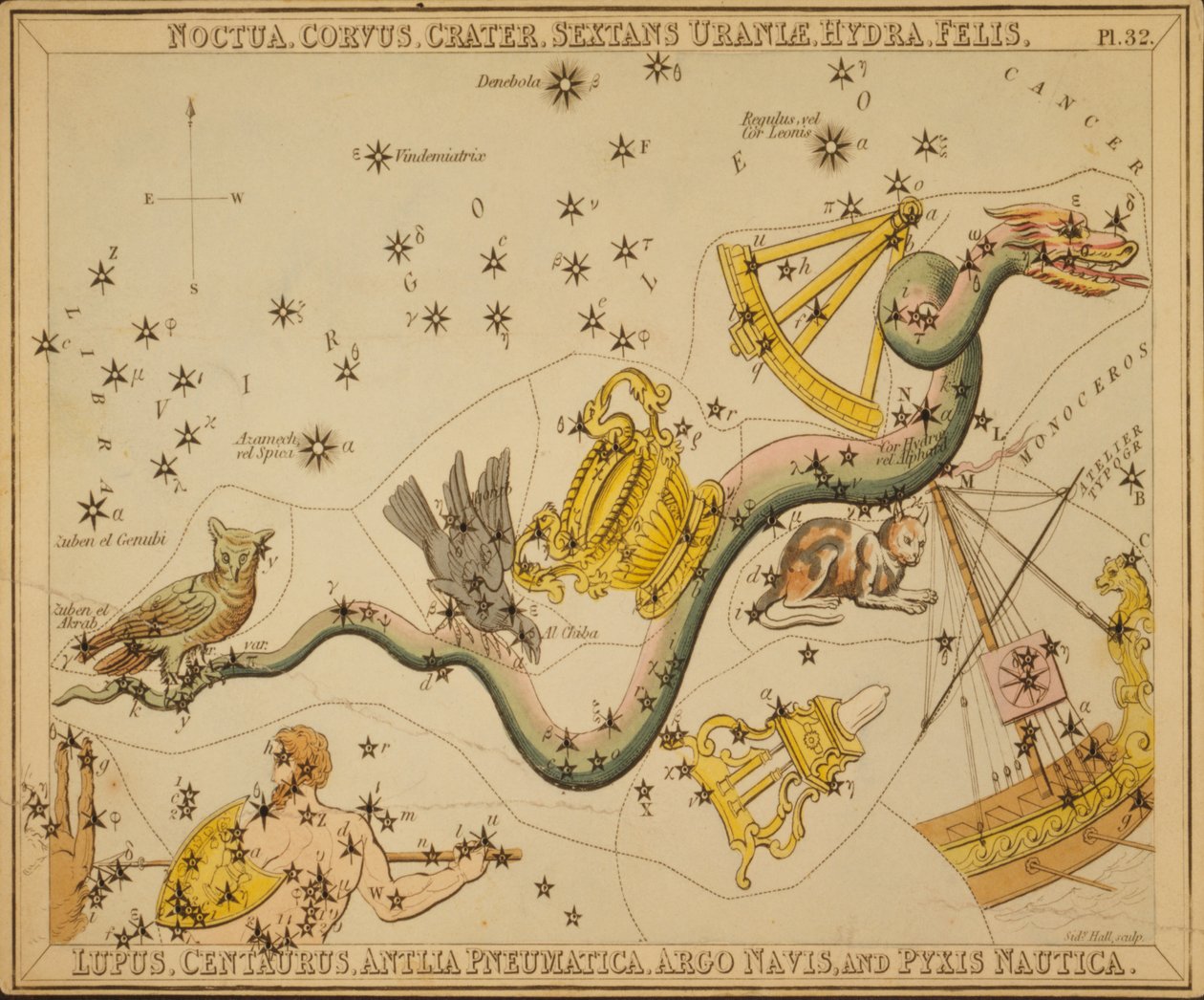 Noctua, Corvus, Crater, Sextans Uraniæ, Hydra, Felis, Lupus, Centaurus, Antlia Pneumatica, Argo Navis, y Pyxis Nautica, Ilustración de 