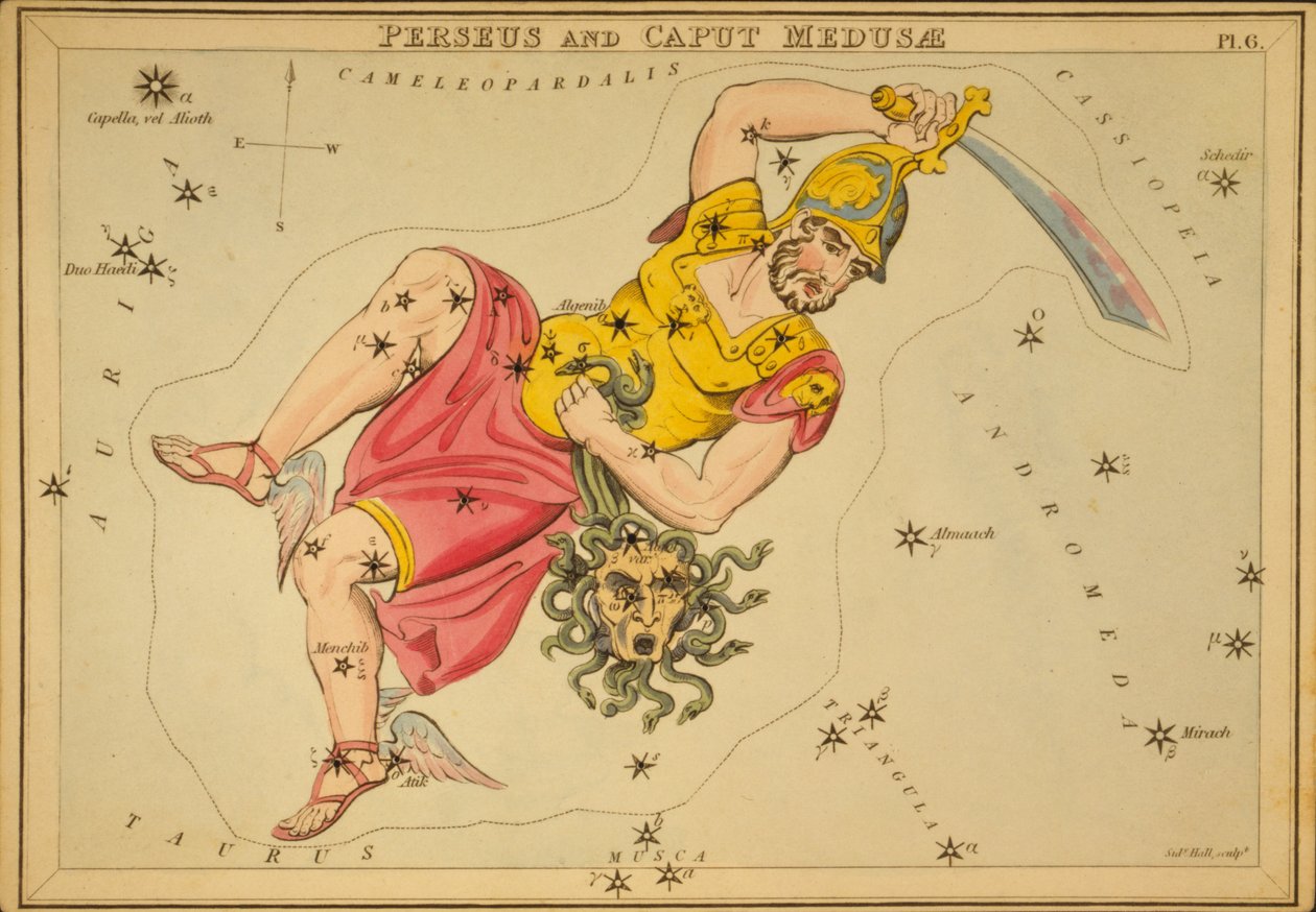 Perseo y Caput Medusa, ilustración de "El espejo de Urania de Sydney Hall