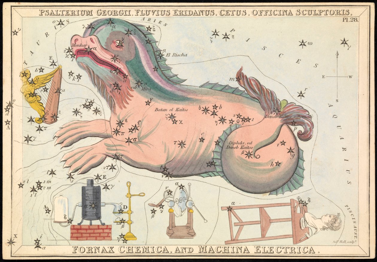 Psalterium Georgii, Fluvius Eridanus, Cetus, Officina Sculptories, Fornax Chemica y Machina Electrica, c.1825 (cartulina, papel, tisú ) de Sydney Hall