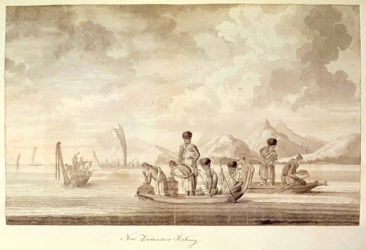 Add.23920, f.44 Neozelandeses pescando, enero de 1770 de Sydney Parkinson