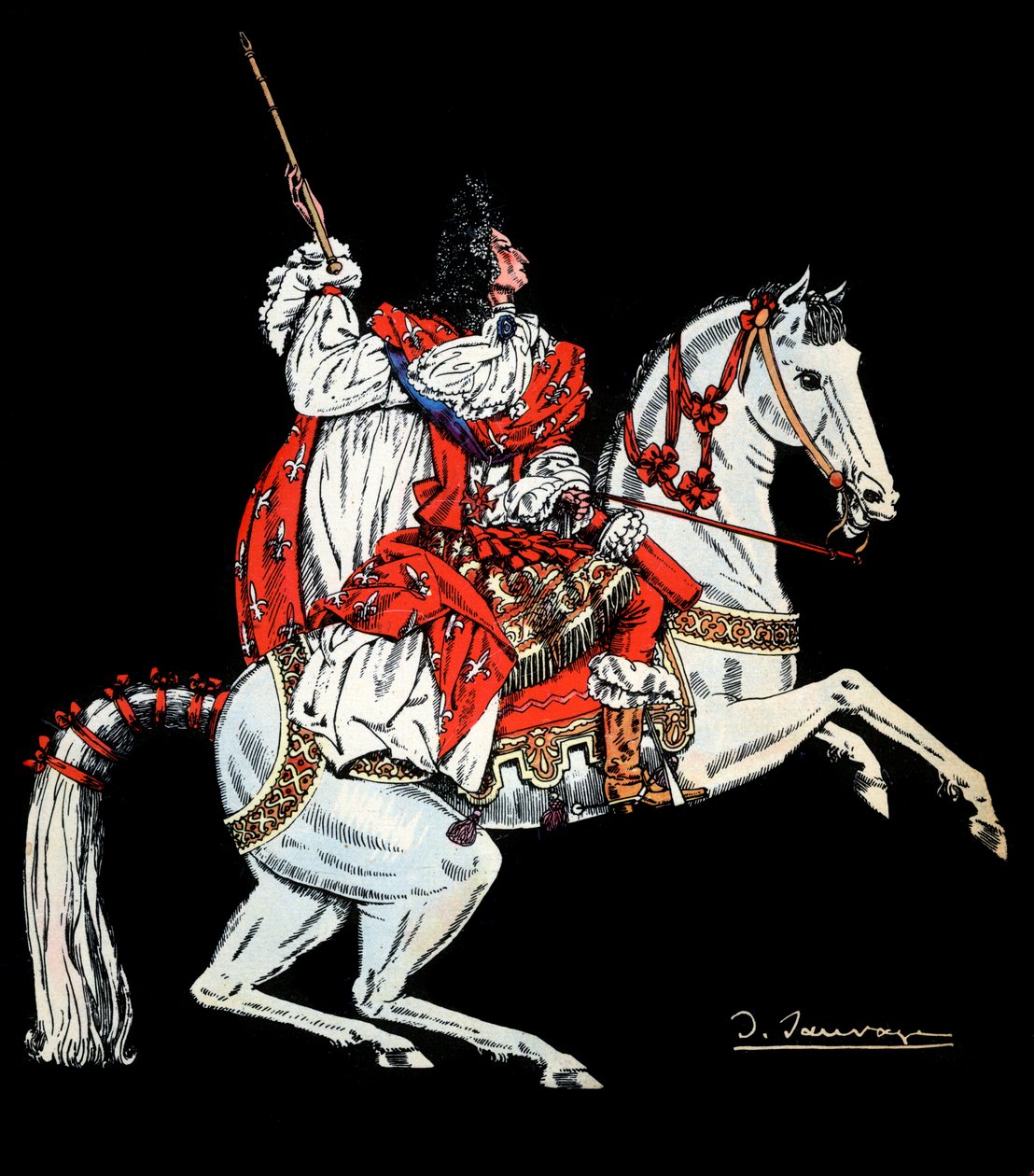 Retrato ecuestre de Luis XIV (1638-1715) rey de Francia - Ilustración de Sylvain Sauvage (1888-1948) para el libro “Luis XIV” de Frantz Funck-Brentano (1862-1947) de 1938 de Sylvain Sauvage