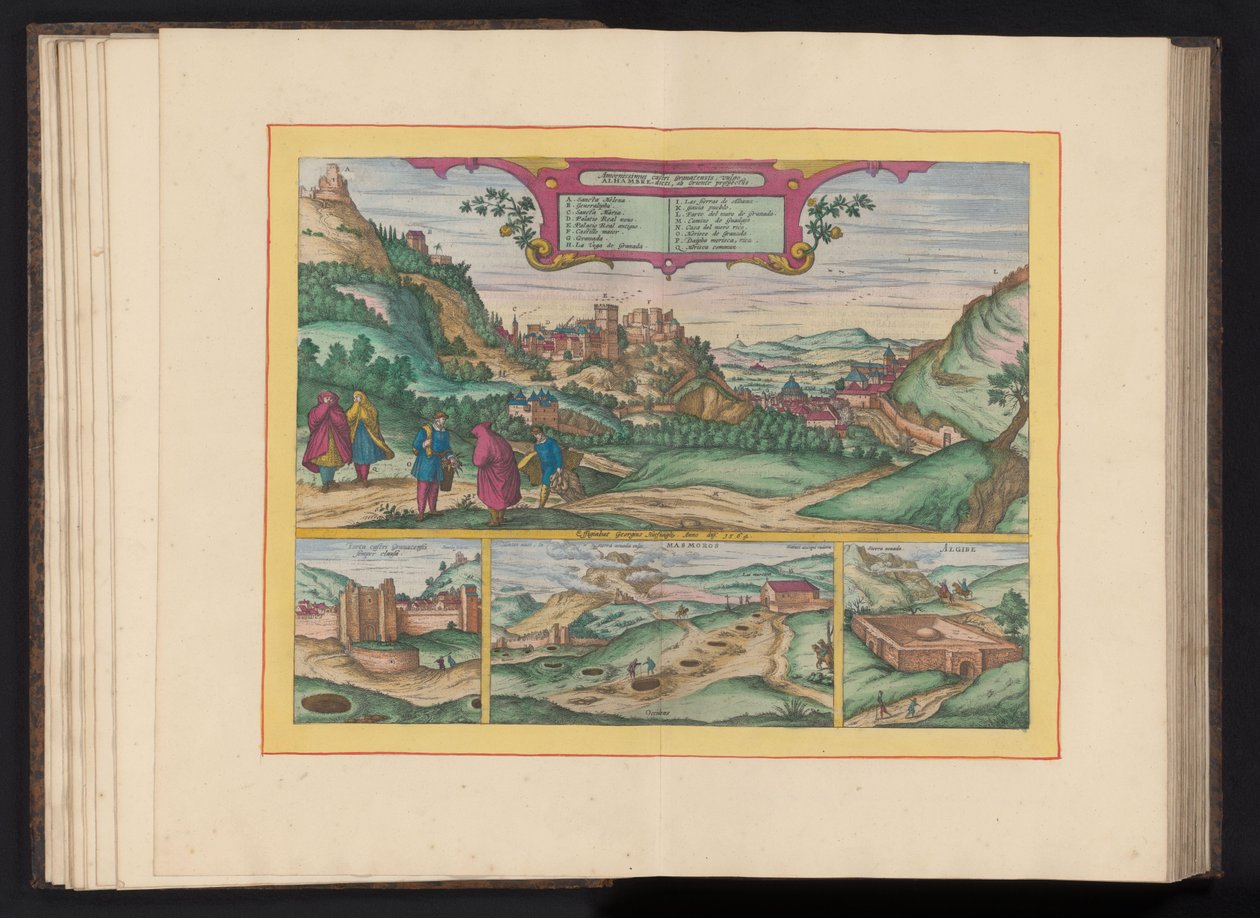 Gezicht en la Alhambra en la ciudad de Granada Castillo ameno de Granada, popularmente llamado Alhambre, vistas desde el Este (título sobre objeto) de Symon Novelanus (possibly)