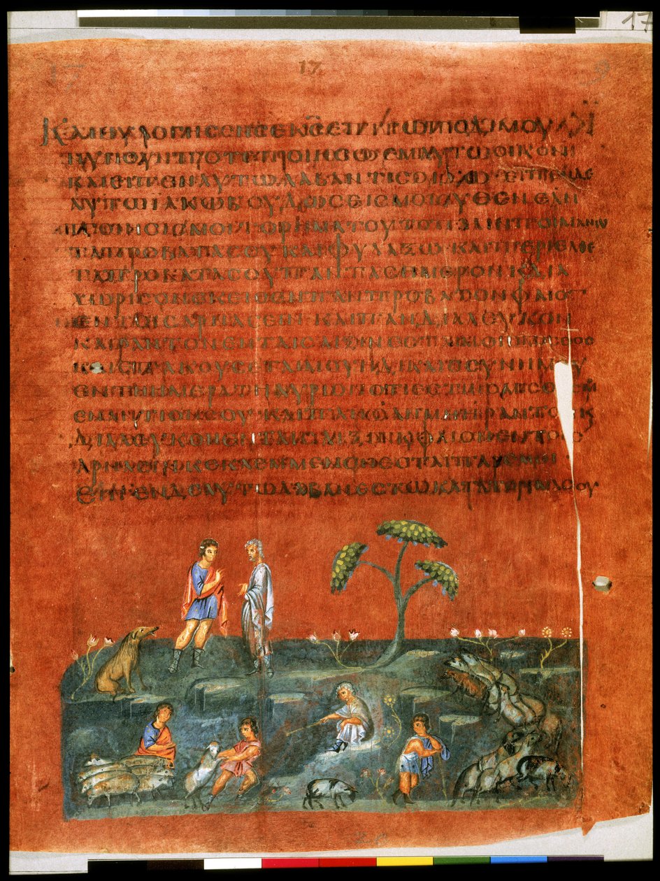 Página completa: texto y miniatura: Jacob y Labán dividiendo los rebaños (miniatura) de Syrian School