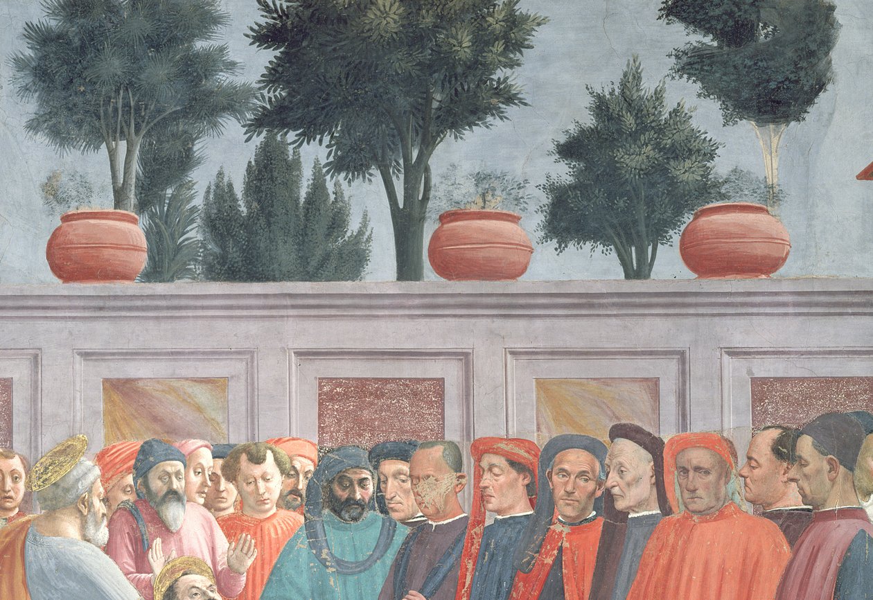 Cabezas de personas debajo de la pared de fondo, de la Resurrección del hijo de Teófilo y San Pedro entronizado como primer obispo de Antioquía, c.1427 y c.1484-85 (detalle) de Tommaso Masaccio