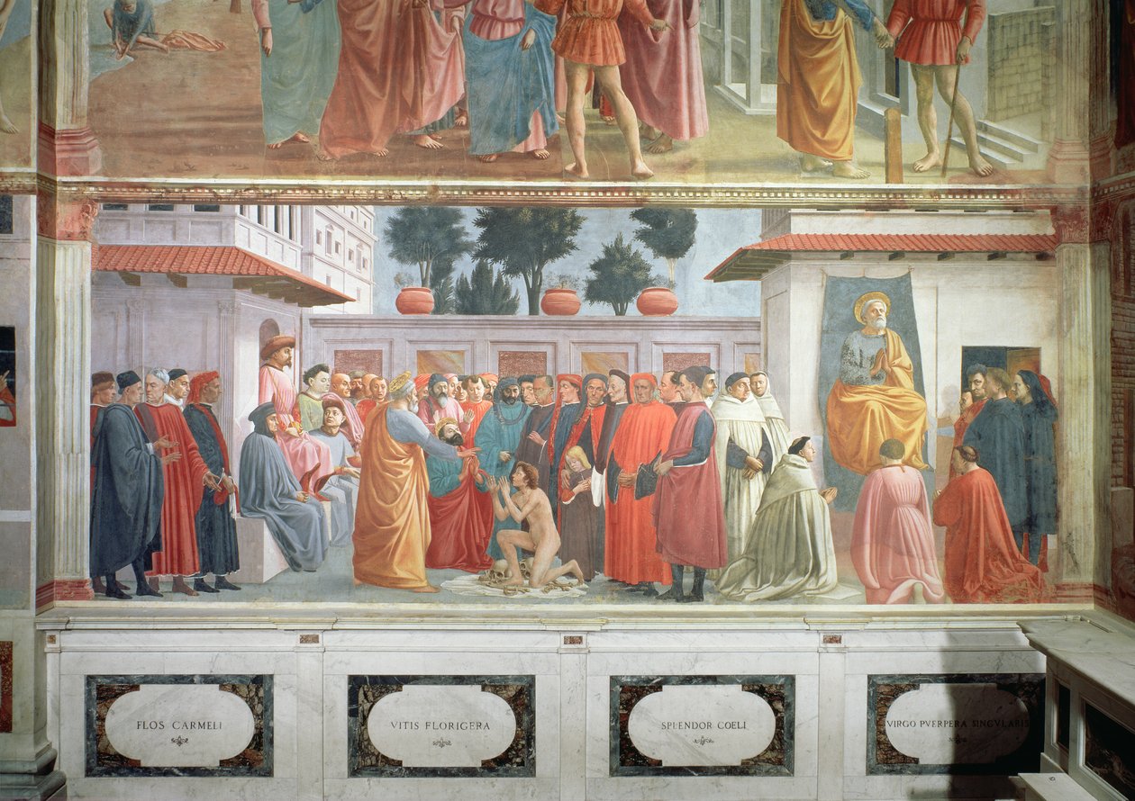 La resurrección del hijo de Teófilo, el rey de Antioquía, y San Pedro entronizado como primer obispo de Antioquía, c.1427 y c.1480 de Tommaso Masaccio