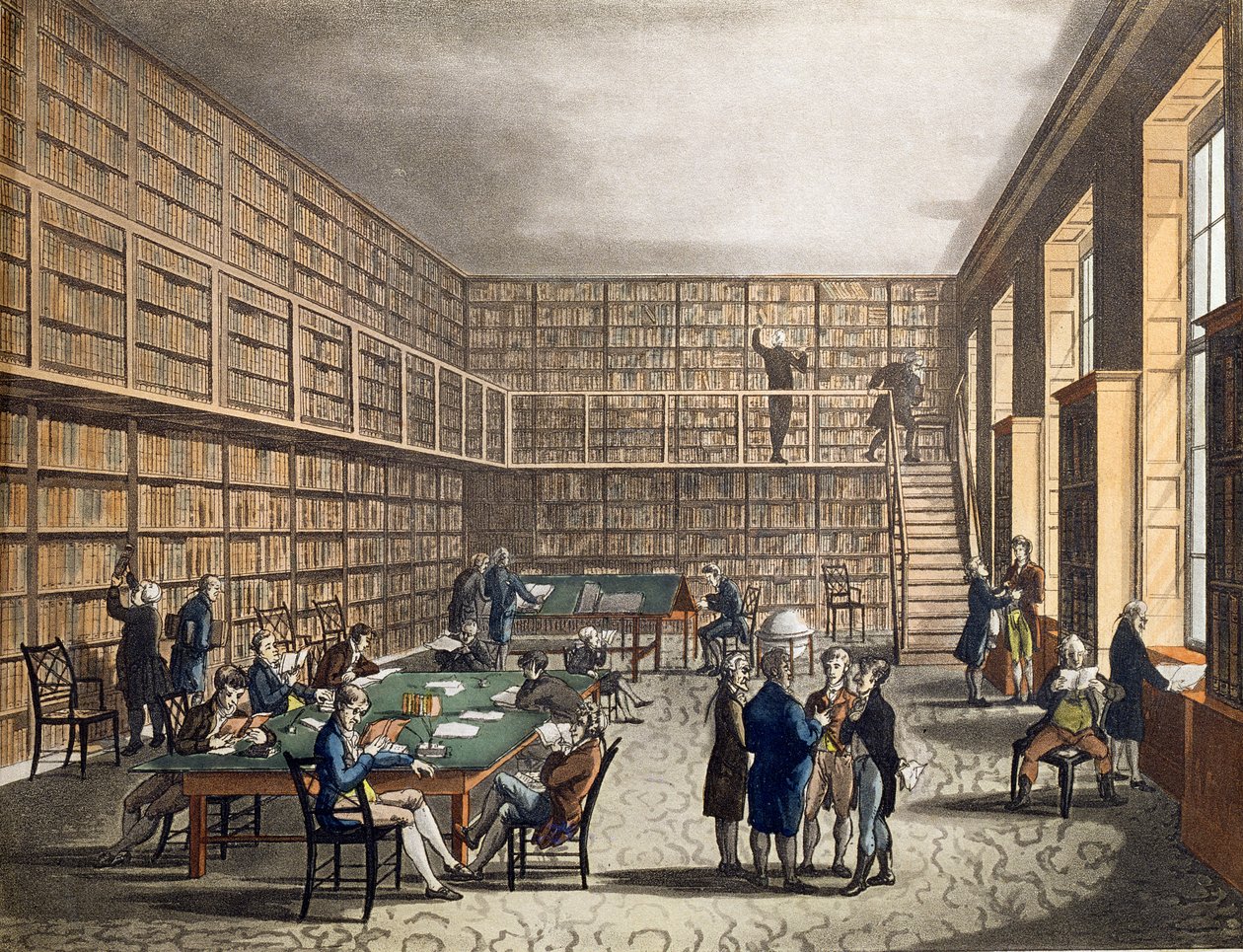 La biblioteca en la Real Institución, Albemarle Street, grabado por Joseph Constantine Stadler (fl.1780-1812), 1809 de Pugin and Rowlandson