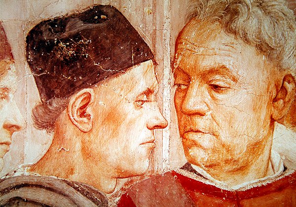 Detalle de dignatarios, del Levantamiento del Hijo de Teófilo y San Pedro entronizado como Primer Obispo de Antioquía, c.1427 y c.1484-85 de Tommaso Masaccio