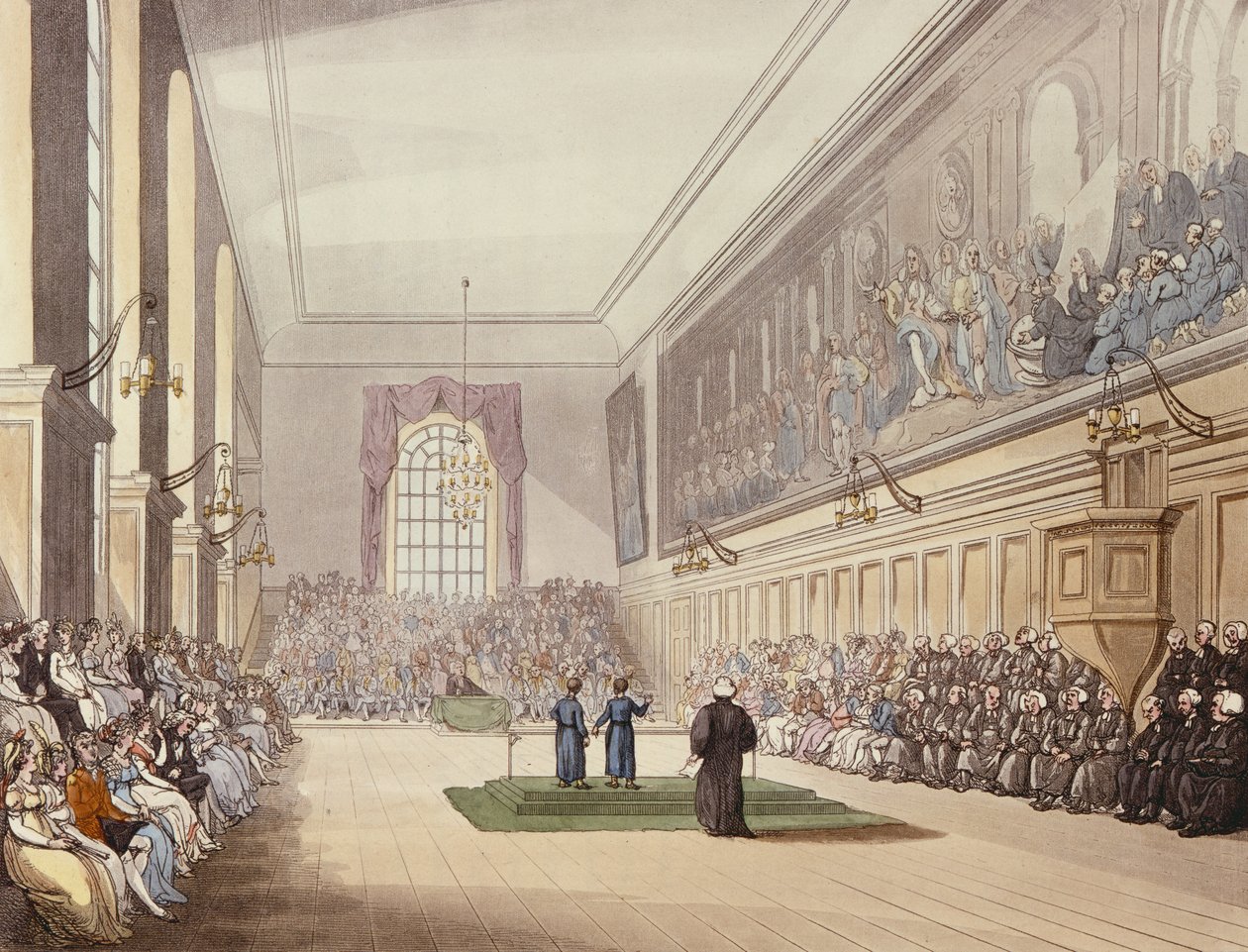 El Salón, Escuela Blue Coat, de "Microcosmos de Londres" de Ackermann, grabado por J. Hill, 1808 de T. Rowlandson
