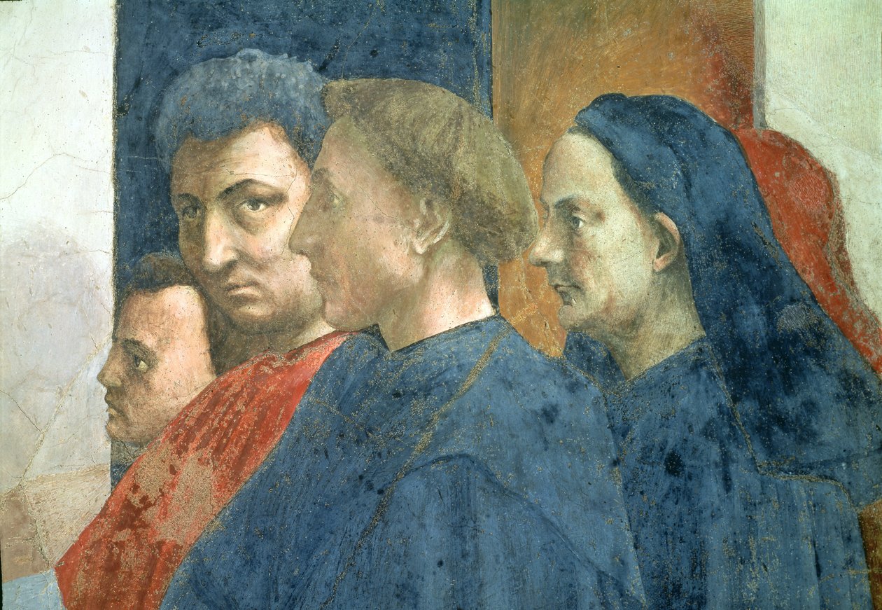 La resurrección del hijo de Teófilo, rey de Antioquía, y San Pedro entronizado como primer obispo de Antioquía (detalle) de Tommaso Masaccio