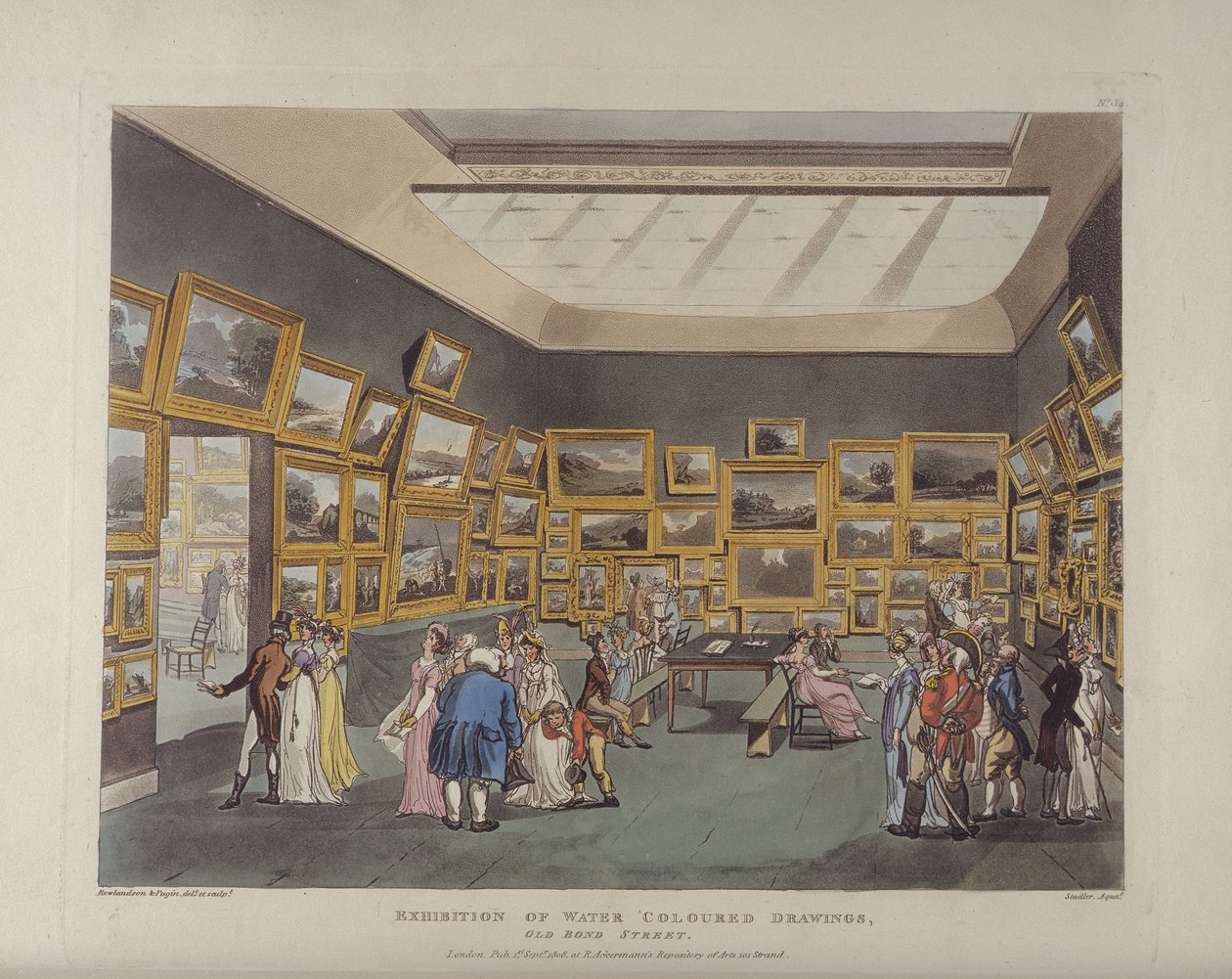 Exposición de Dibujos a la Acuarela, Old Bond Street, lámina 34, de Microcosm of London de Ackermann, o, Londres en Miniatura, publicado por Rudolph Ackermann (1764-1834) grabado por Joseph Constantin de T. and Pugin Rowlandson