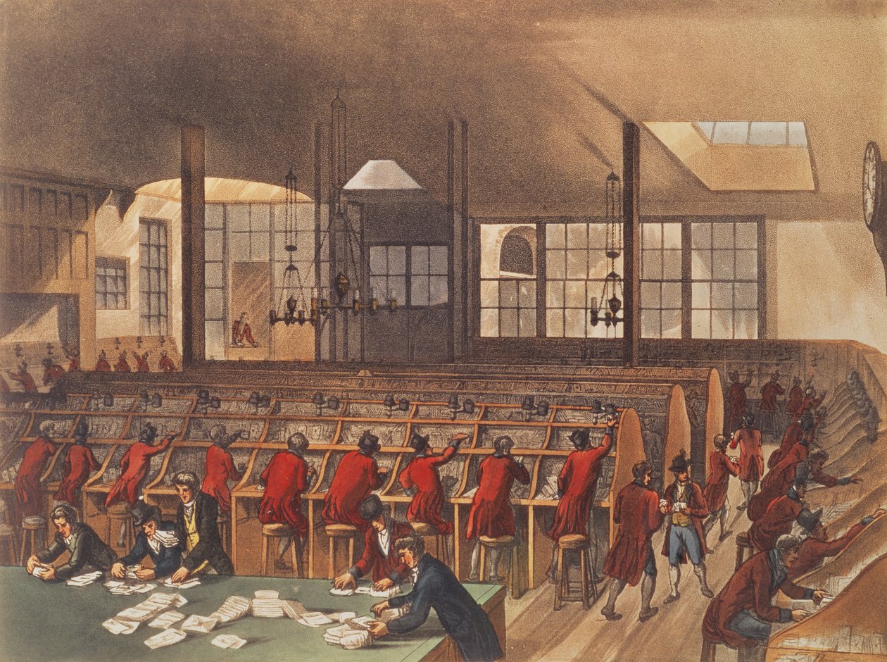 La Oficina de Correos, de Microcosmos de Londres de Ackermann, Volumen II, Pub. 1809 de T. and Pugin Rowlandson
