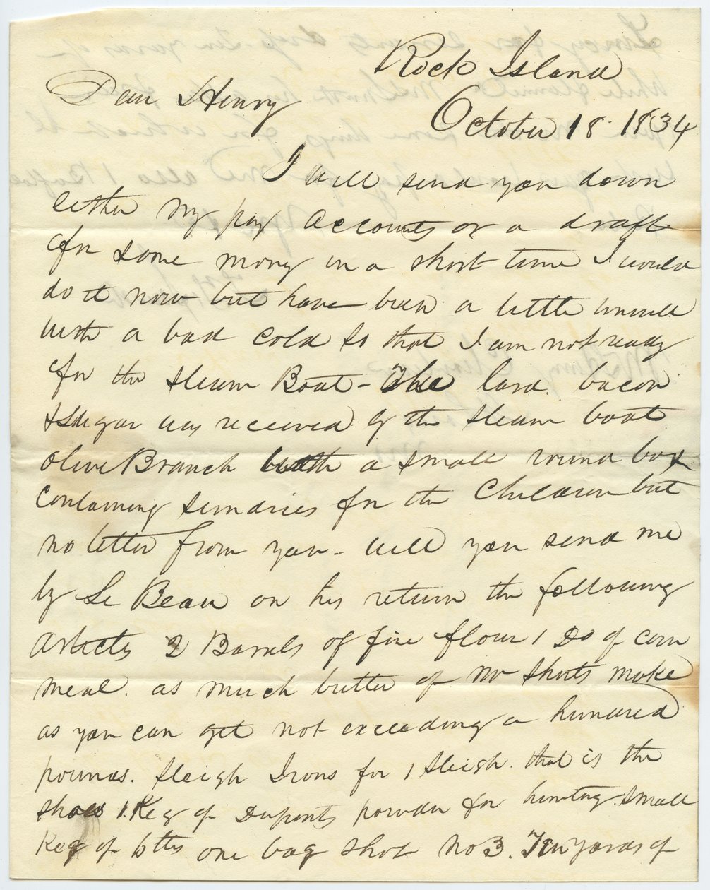 Carta firmada T.F. Smith, Rock Island, a Henry Chouteau, St. Louis, Mo., 18 de octubre de 1834 de T.F. Smith