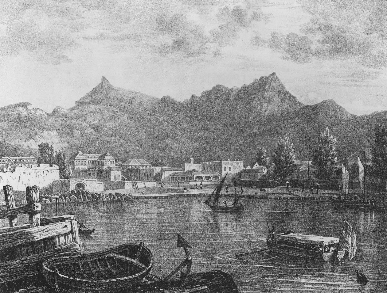 Port Louis, Mauricio, desde el lado este del puerto, c.1830 (litografía) de T. (after) Bradshaw