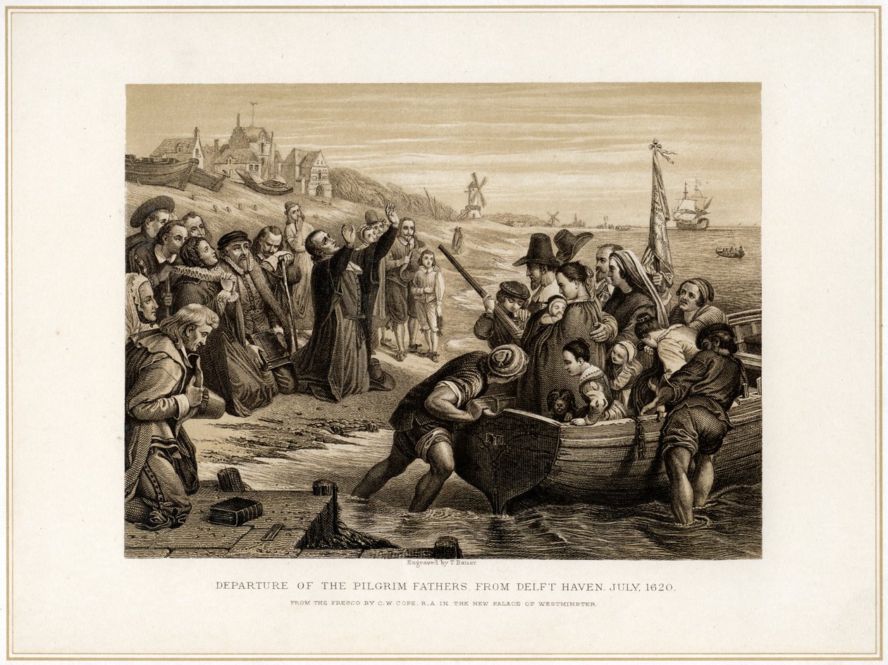 Salida de los Padres Peregrinos de Delft Haven, julio de 1620, siglo XIX de T Bauer