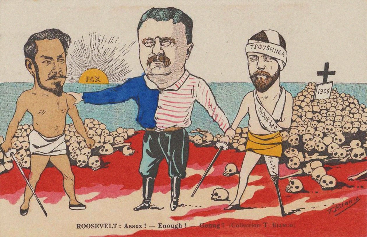 Roosevelt: ¡Basta! - ¡Suficiente! - ¡Genug! Una caricatura sobre el Tratado de Portsmouth de T. Bianco
