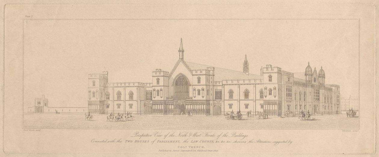Vista en perspectiva de las fachadas norte y oeste de los edificios relacionados con las dos Cámaras del Parlamento, el Palacio de Justicia de T. Kearnan
