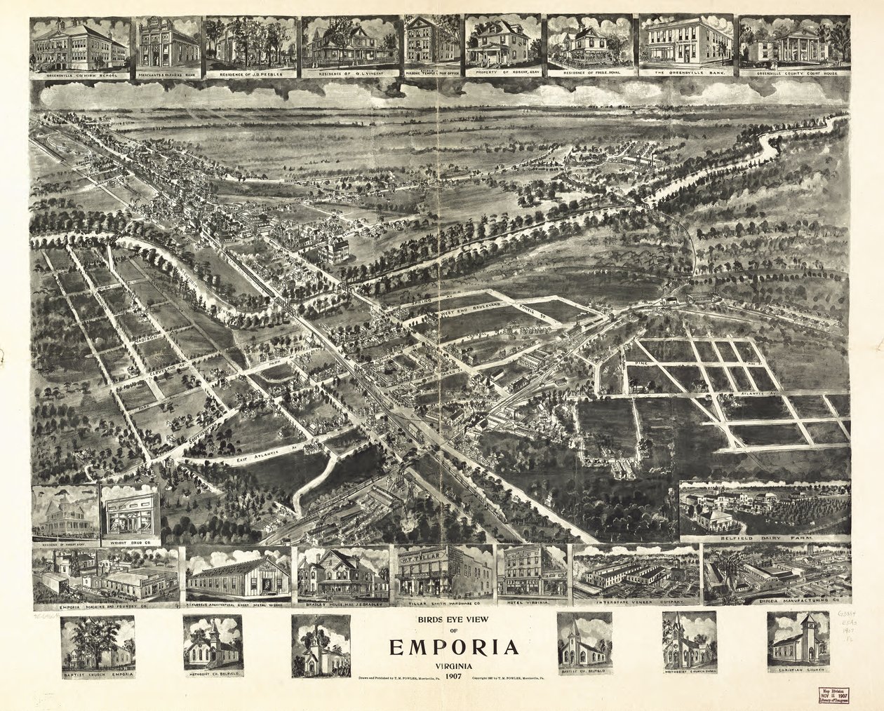 Vista aérea de Emporia, Virginia 1907. de T. M. Fowler
