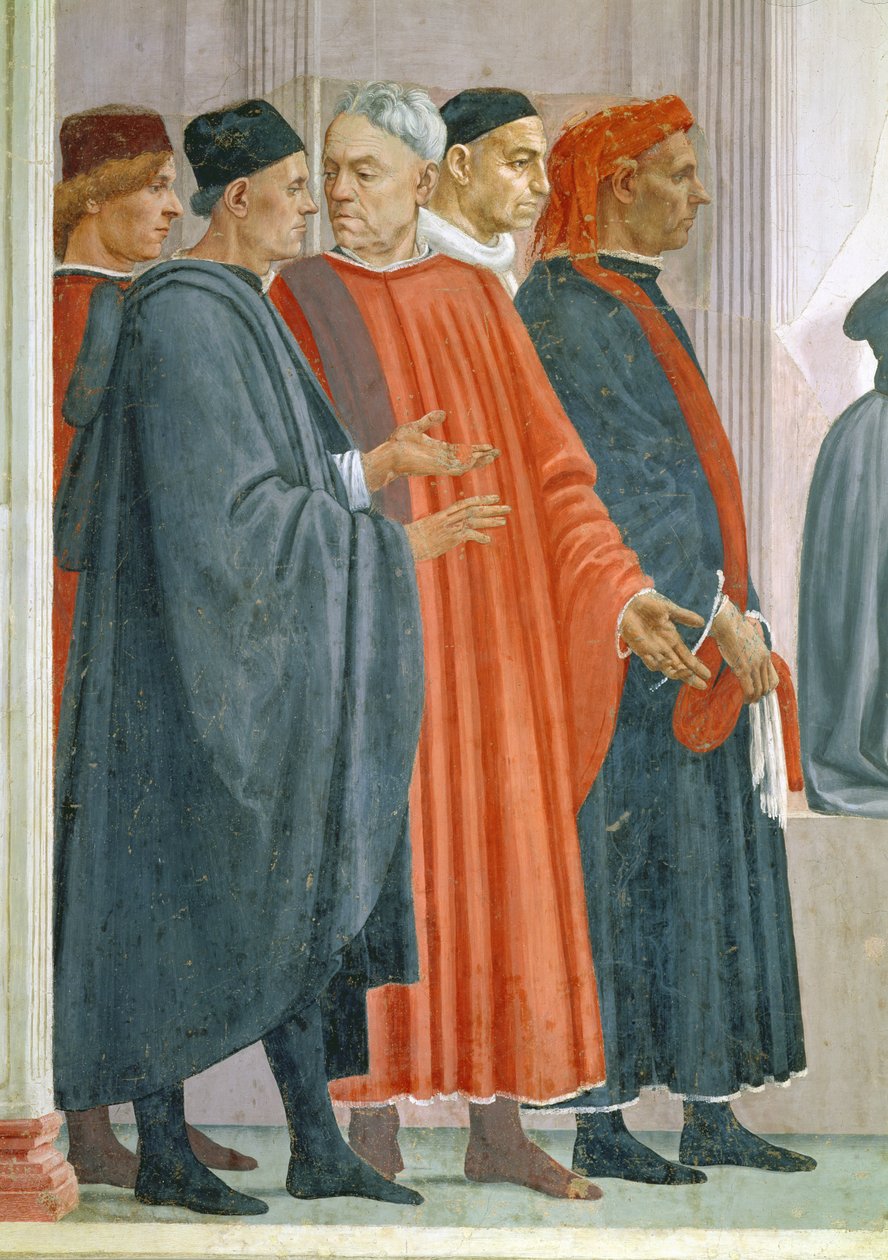 La resurrección del hijo de Teófilo, rey de Antioquía, detalle de dignatarios en la corte del rey de Antioquía (detalle) de Tommaso Masaccio