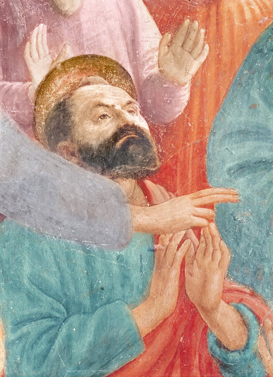 La cabeza de San Pablo, de la Resurrección del Hijo de Teófilo, y San Pedro entronizado como Primer Obispo de Antioquía, c.1427 y c.1484-85 (detalle) de Tommaso Masaccio