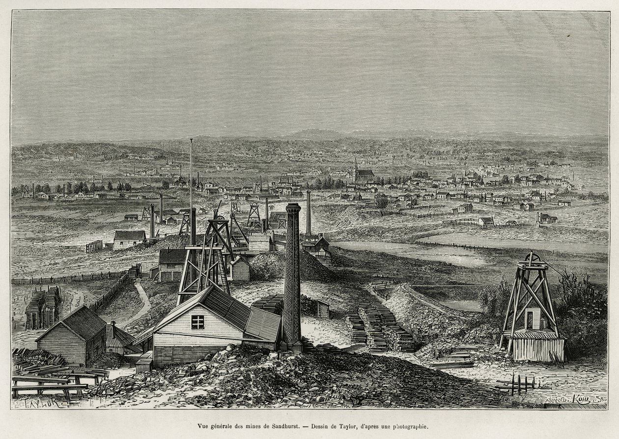 Vista general de las minas de Sandhurst, grabado según un dibujo de Taylor, para ilustrar la historia seis meses en Australia, por Désiré Charnay, misión encargada por el Ministerio de Educación Pública, en 1878, publicado en Le tour du monde, bajo la dire de T Taylor