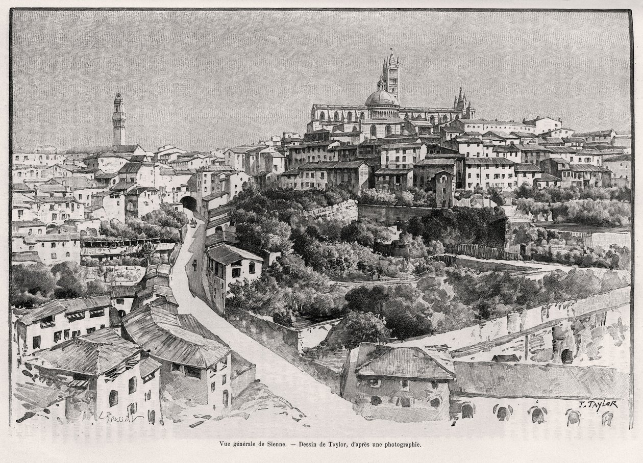 Vista general de Siena (Italia). Grabado por Taylor para ilustrar la historia “A través de la Toscana” por Eugene Muntz, en Le tour du Monde 1892, dirigido por Edouard Charton, Hachette, París. de T Taylor