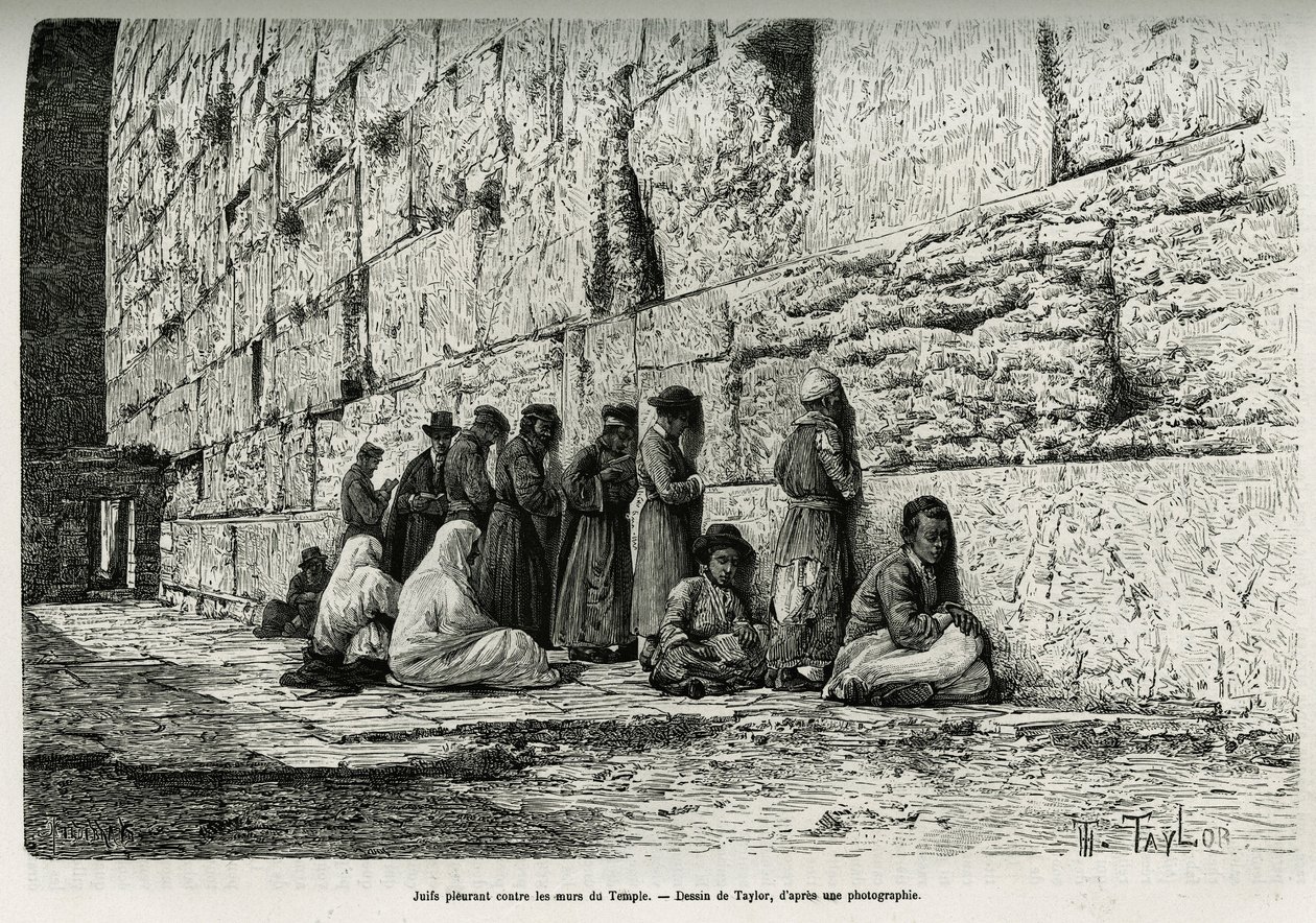 Judíos llorando contra los muros del templo (muro de los lamentos). Ilustración de La Siria de hoy, por M. Lortet, decano de la Facultad de Medicina de Lyon, encargado de una misión científica por el Ministerio de Educación Pública, publicado en Le tour du de T Taylor