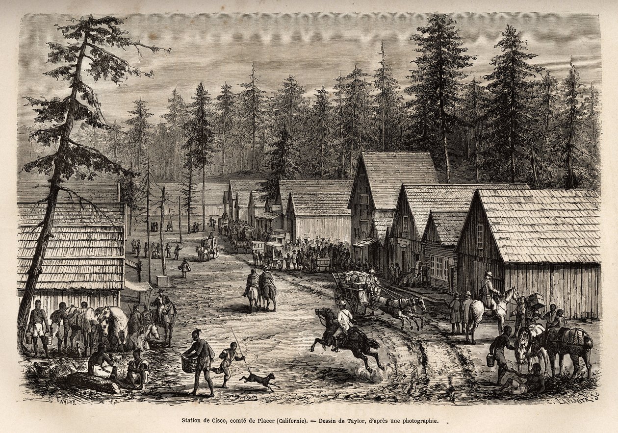 La estación de Cisco, Condado de Placer (Nevada), donde se puede tomar el tren expreso del Ferrocarril del Pacífico (Pacific Railway), grabado después del dibujo de Taylor, ilustrando el viaje de Washington a San Francisco en 1868, por L. Simonin, publicad de T Taylor