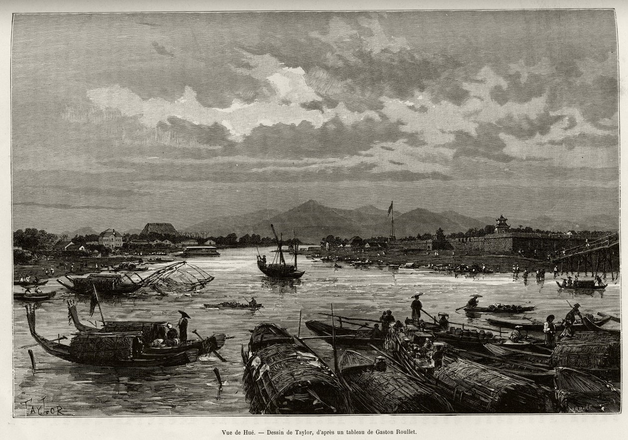 Vista de Hue (Vietnam), con descripción de la navegación en el río Song Huong y la Pagoda Thien Mu. Grabado por Taylor, para ilustrar la historia “Treinta meses en Tonkín” de Dr. Charles Edouard Hocquard (1885) de T Taylor