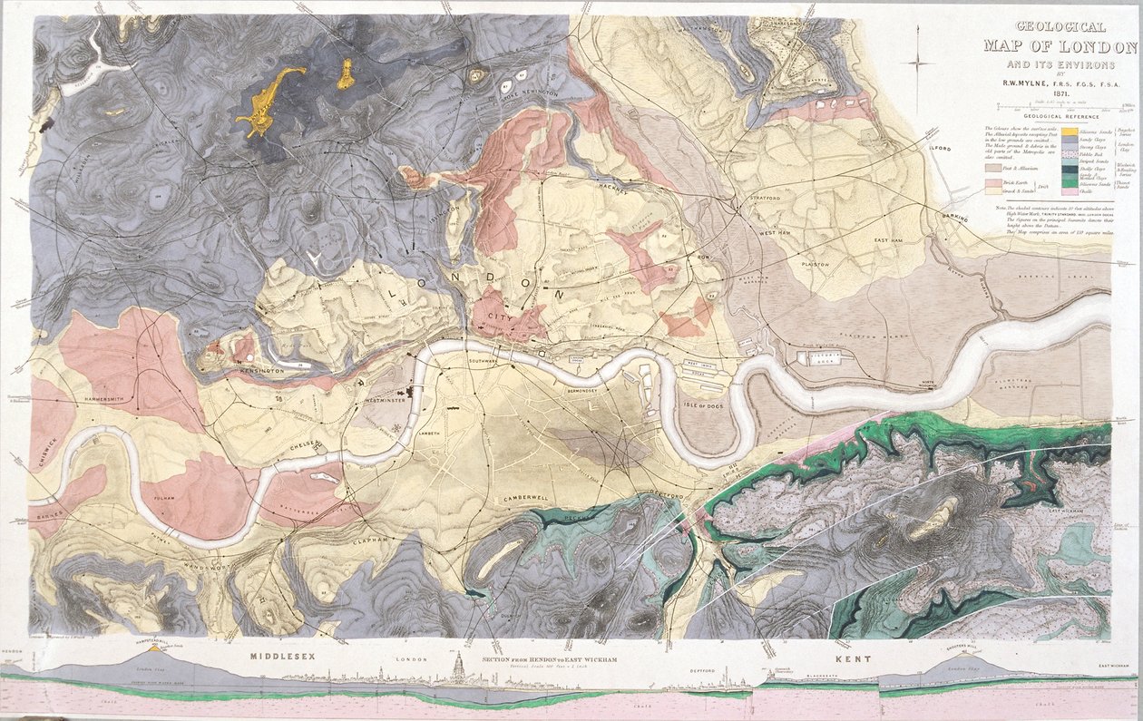 Mapa geológico de Londres y el área circundante, 1871 de T Walsh