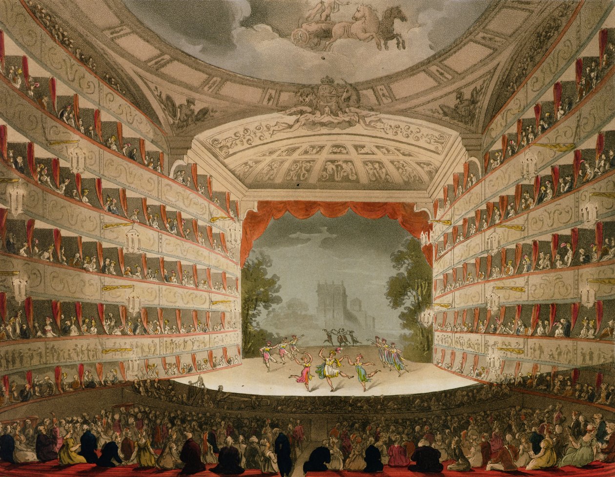 Teatro de la Ópera Kings, grabado por J. Bluck, pub. por 