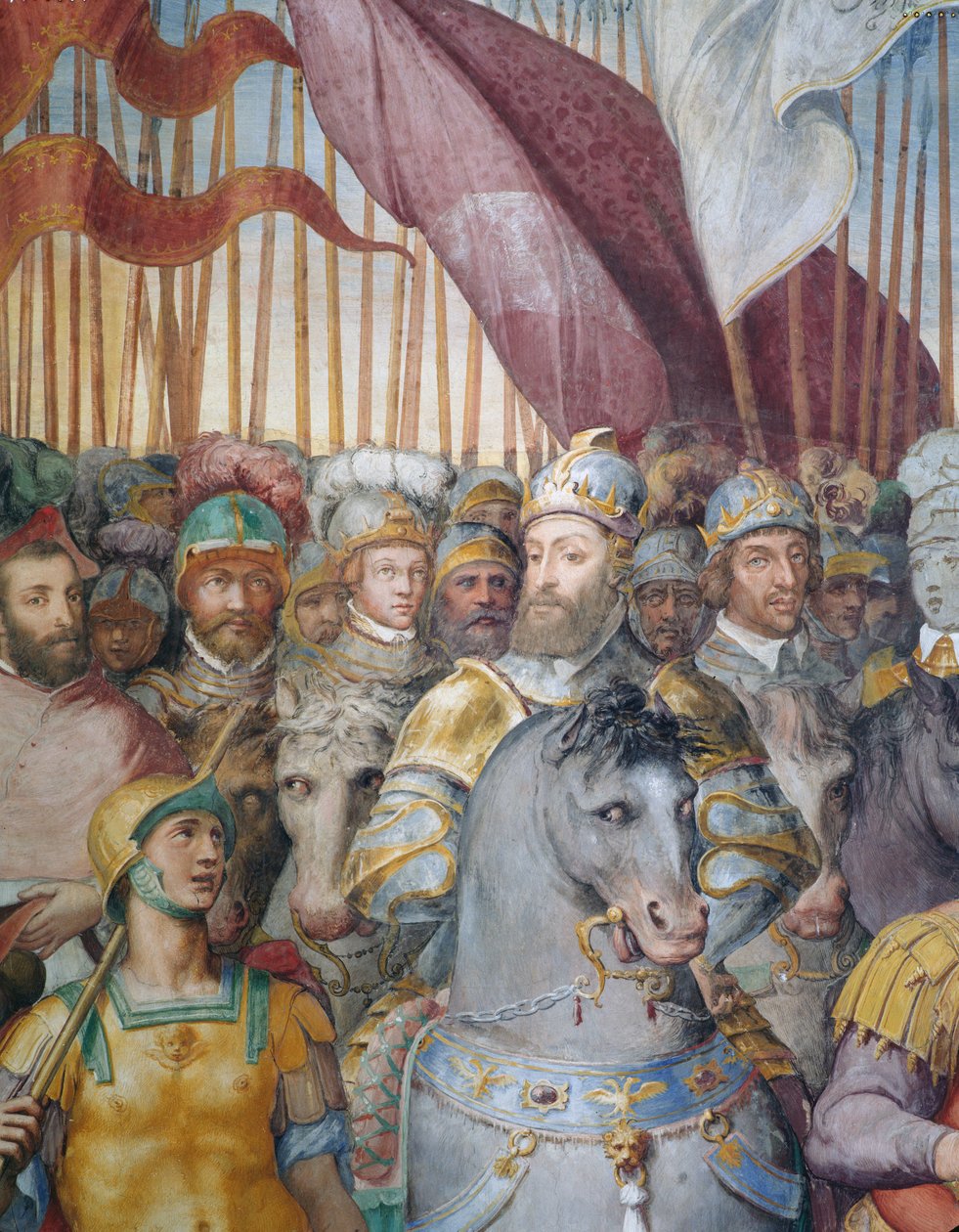 (detalle) Tropas del Cardenal Alessandro Farnese y de Carlos V partiendo a la guerra contra los luteranos, en el Salón de Farnesina de Federico Zuccaro