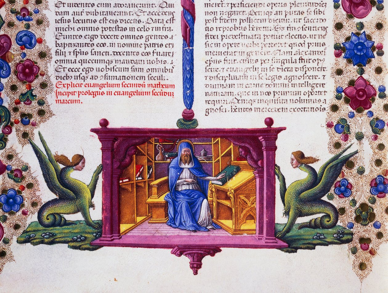 Friso de borde al pie de la página con San Mateo el Evangelista, Volumen II f 148, v, Biblia de Borso d