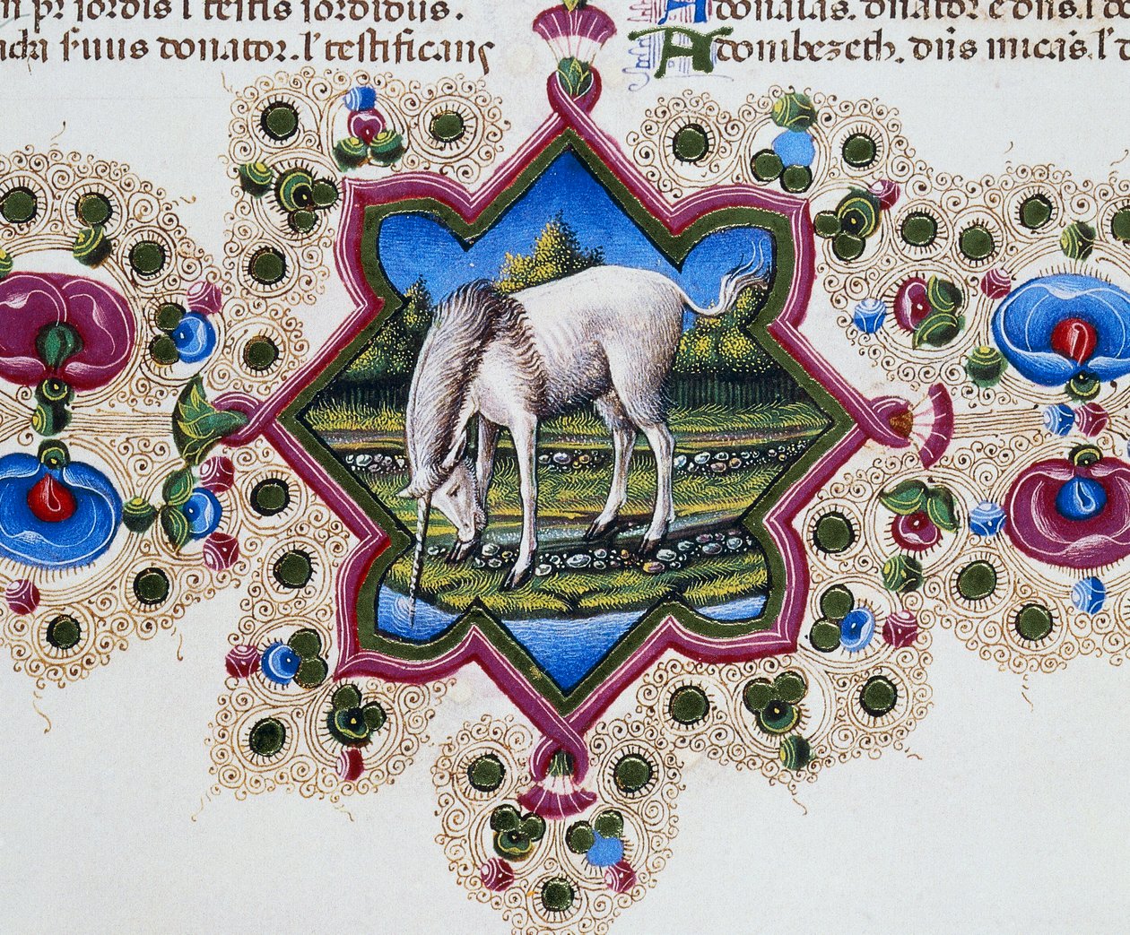 Friso de borde al pie de la página con unicornio, Volumen II f 245, v, Biblia de Borso d