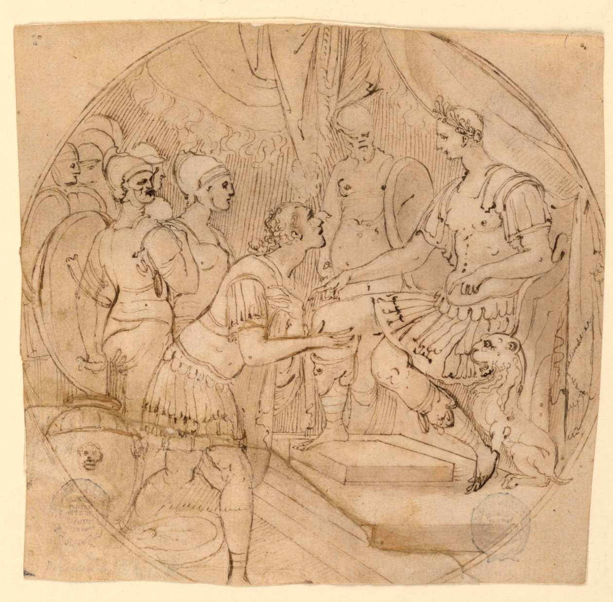 Diseño para un plato o un tondo: Soldados suplicantes ante un general romano de Taddeo Zuccaro