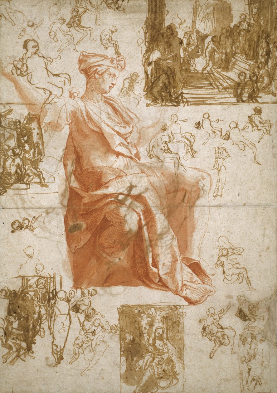 Hoja de Estudios para la Ceguera de Elymas, Sacrificio en Listra, y una Sagrada Familia, c.1558 de Taddeo Zuccaro