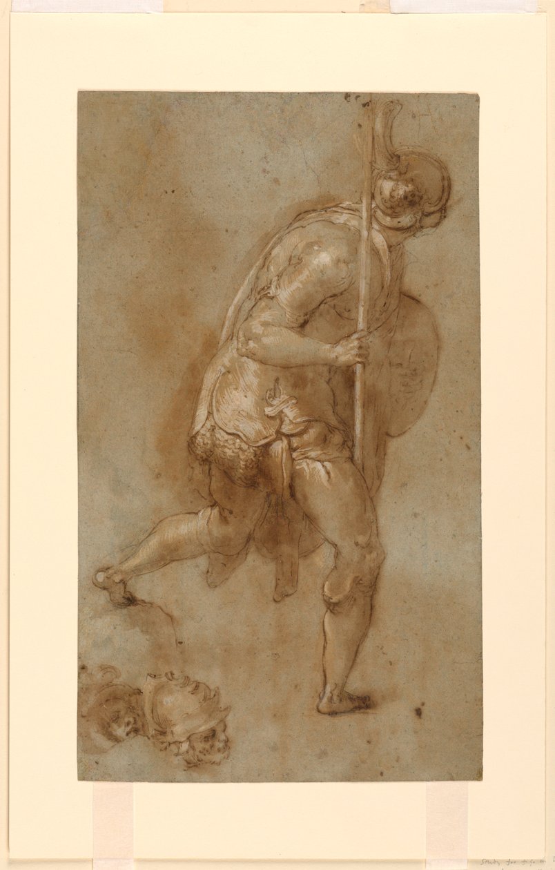 Soldado corriendo: Estudio para figura en primer plano izquierdo, "Traición de Cristo," Roma, S. Maria della Consolazione, Capilla Matttei; Estudios separados de dos cabezas de Taddeo Zuccaro
