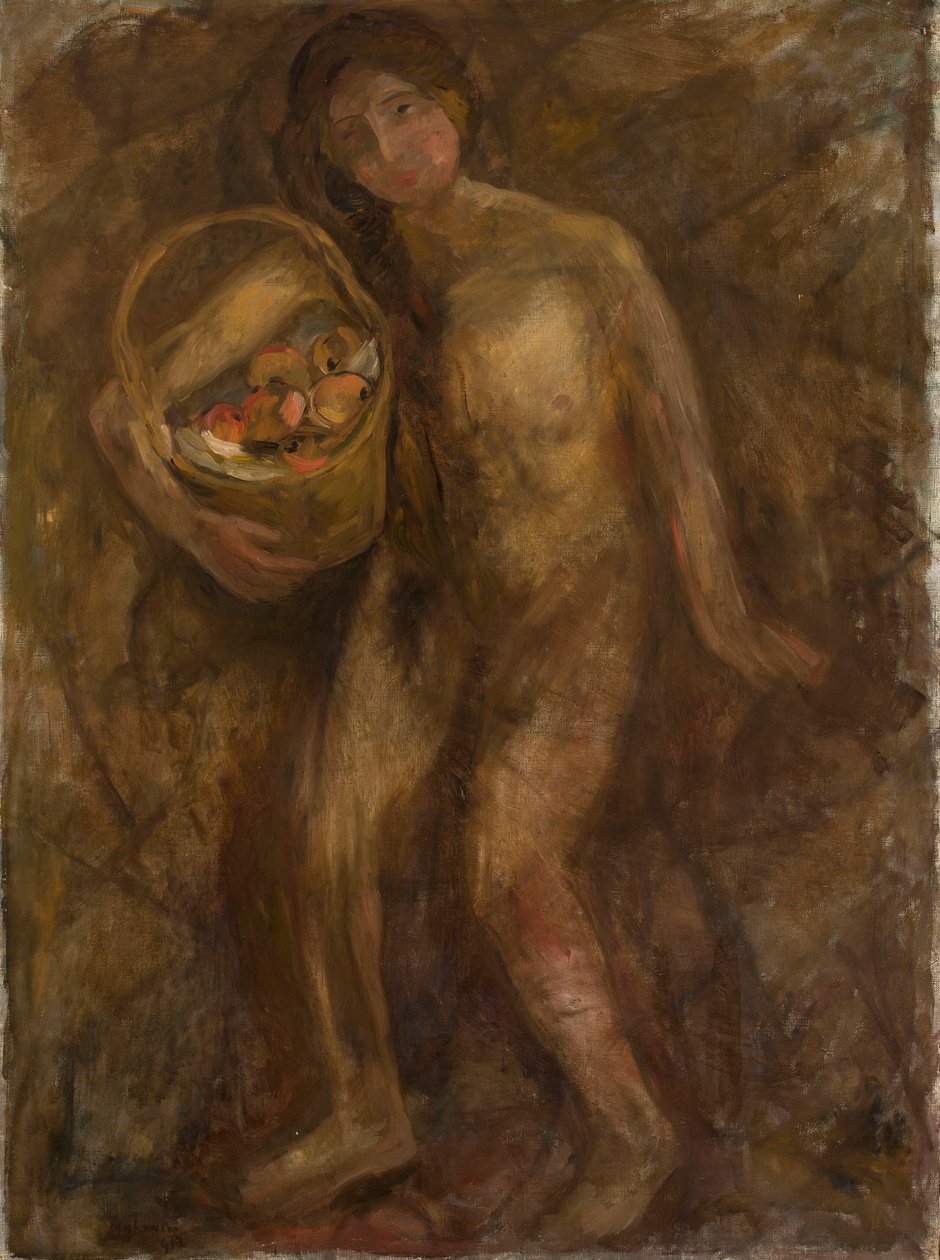 Desnudo de una chica con una cesta de manzanas de Tadeusz Makowski
