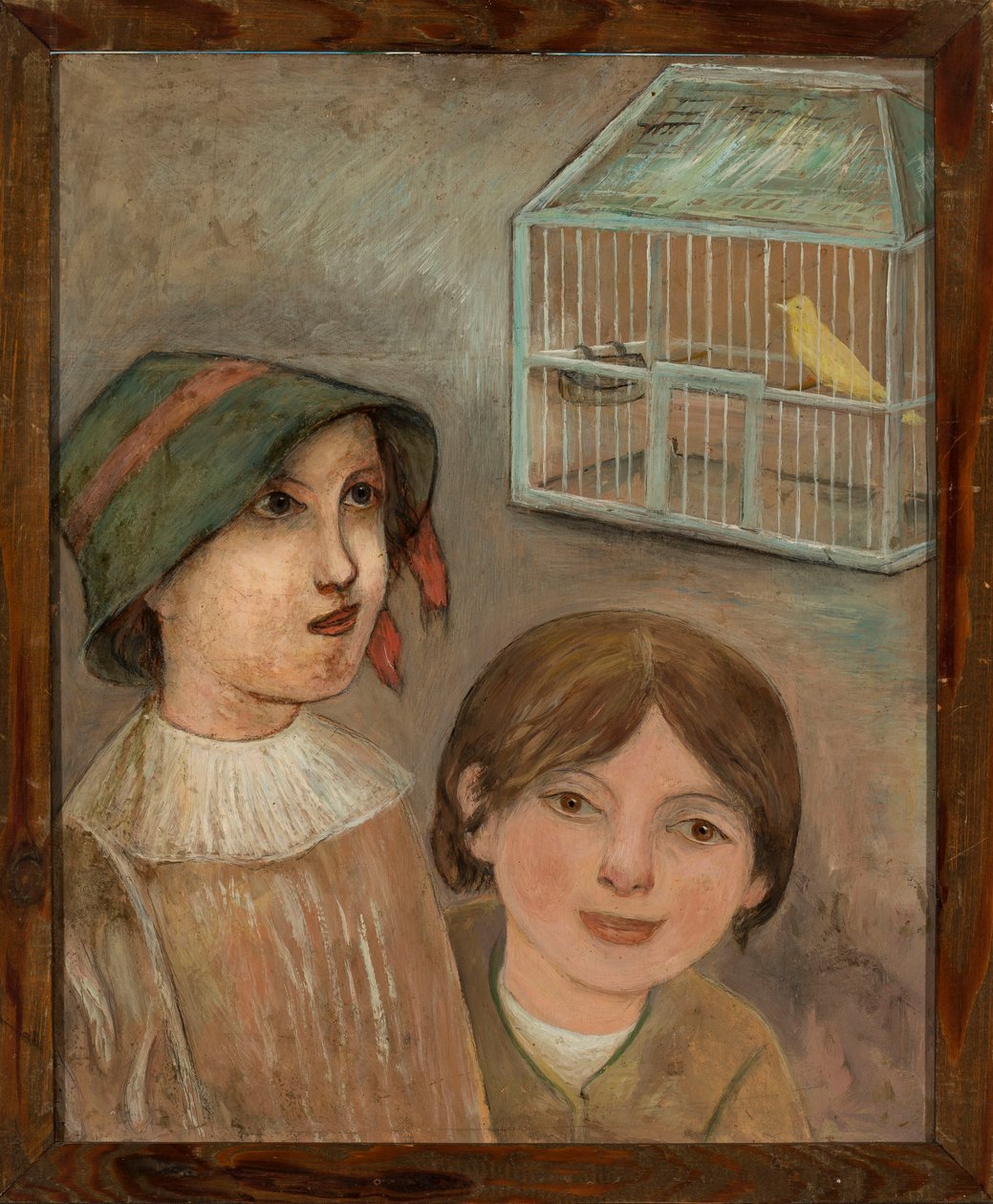 Dos niñas bajo una jaula con un canario de Tadeusz Makowski