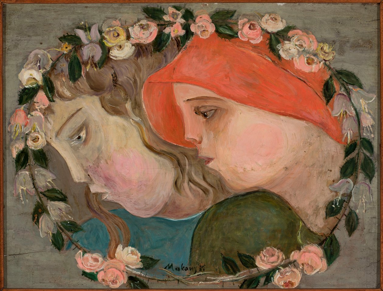 Las cabezas de dos niñas en una guirnalda de flores de Tadeusz Makowski