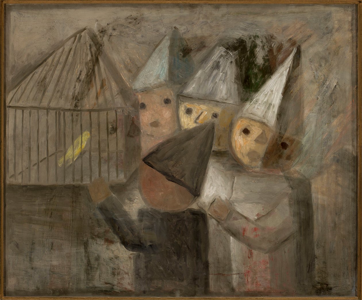 Niños delante de una jaula con un canario de Tadeusz Makowski