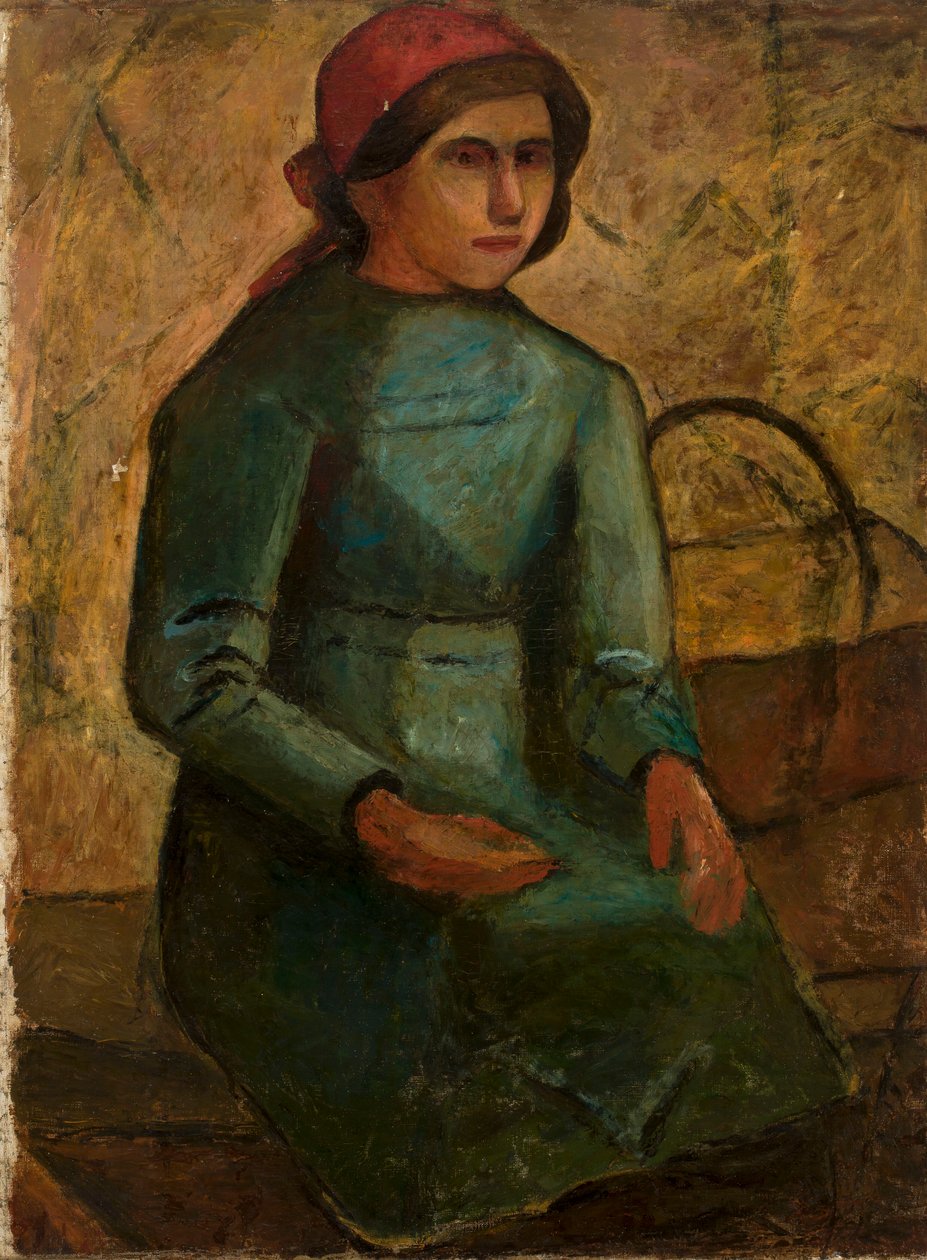 Una chica con un vestido verde y una cesta de Tadeusz Makowski