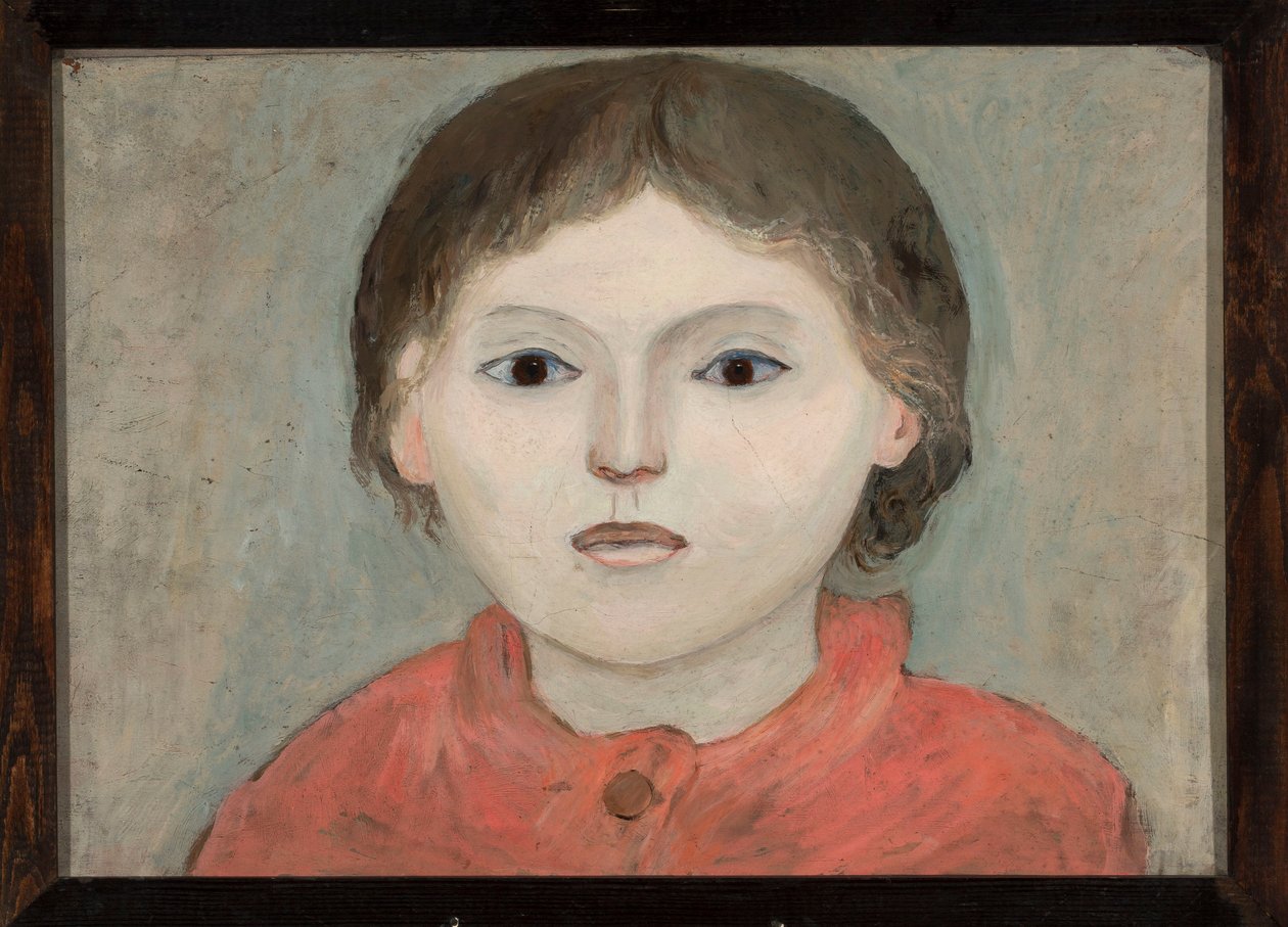 Una niña con un vestido naranja de Tadeusz Makowski