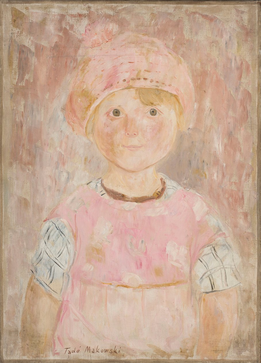 Una niña con un vestido rosa y un gorro de Tadeusz Makowski