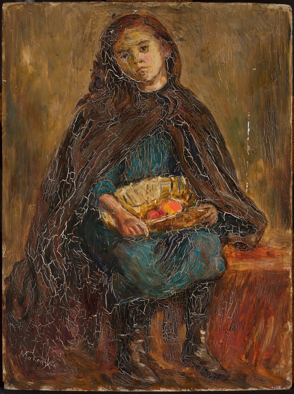 Niña con una cesta de manzanas en el regazo de Tadeusz Makowski