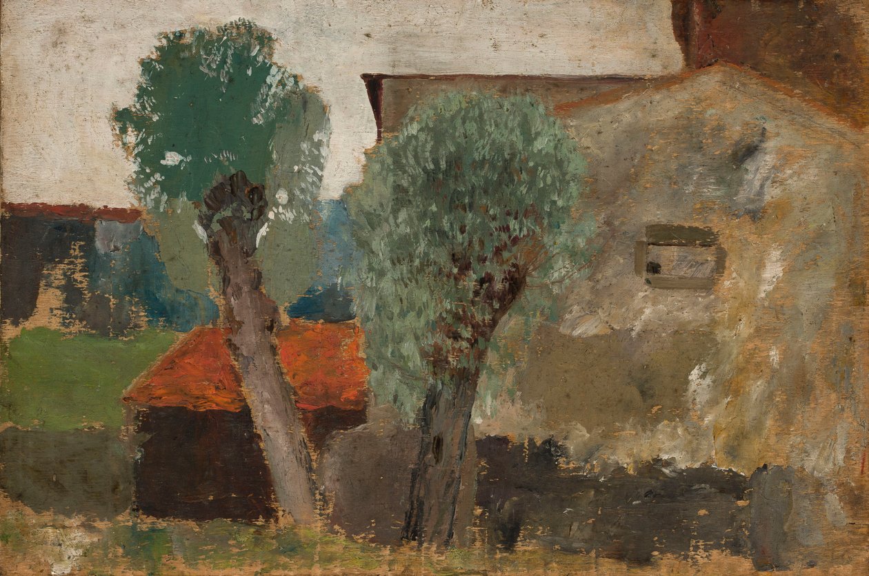 Detalle de una casa con dos árboles de Tadeusz Makowski