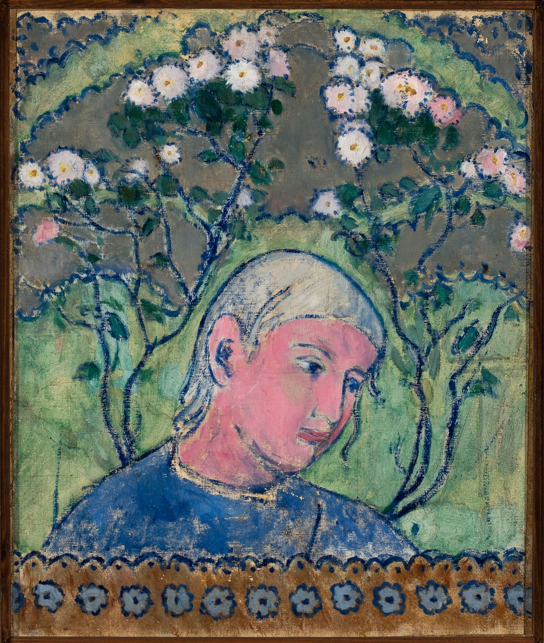 Cabeza de una niña con flores de Tadeusz Makowski