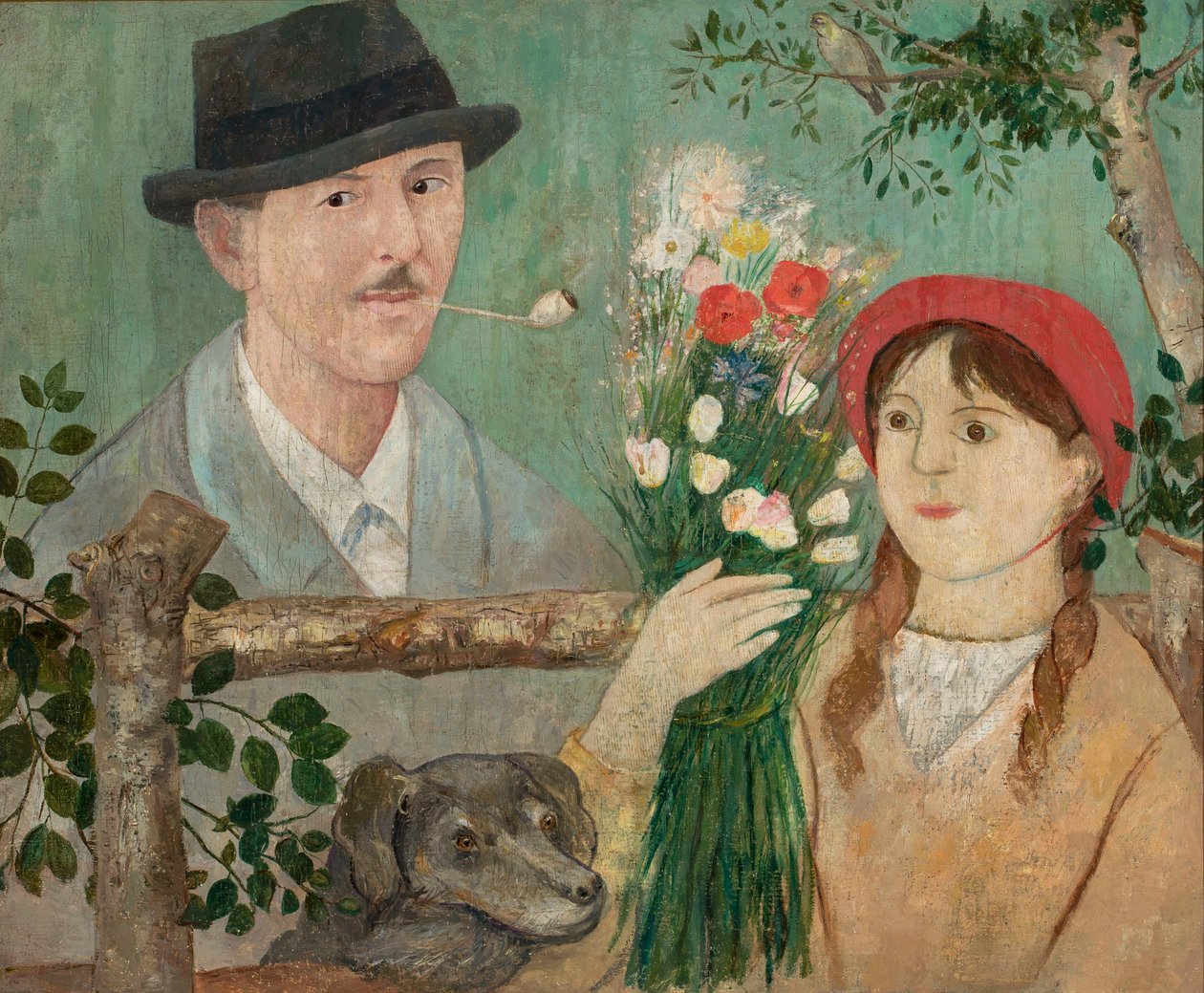 Idilio junto a la cerca (Autorretrato, muchacha con flores y perro) de Tadeusz Makowski