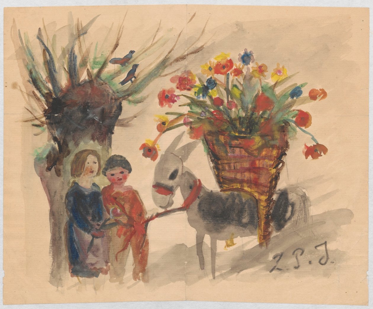 Tarjeta de felicitación por el santo de Maria Mickiewiczówna con un dibujo que representa a dos niños conduciendo un burro con una gran cesta de flores sobre el lomo de Tadeusz Makowski
