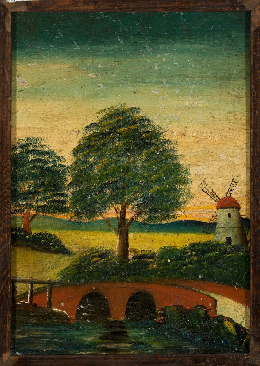 Paisaje con un molino de viento y un puente de Tadeusz Makowski